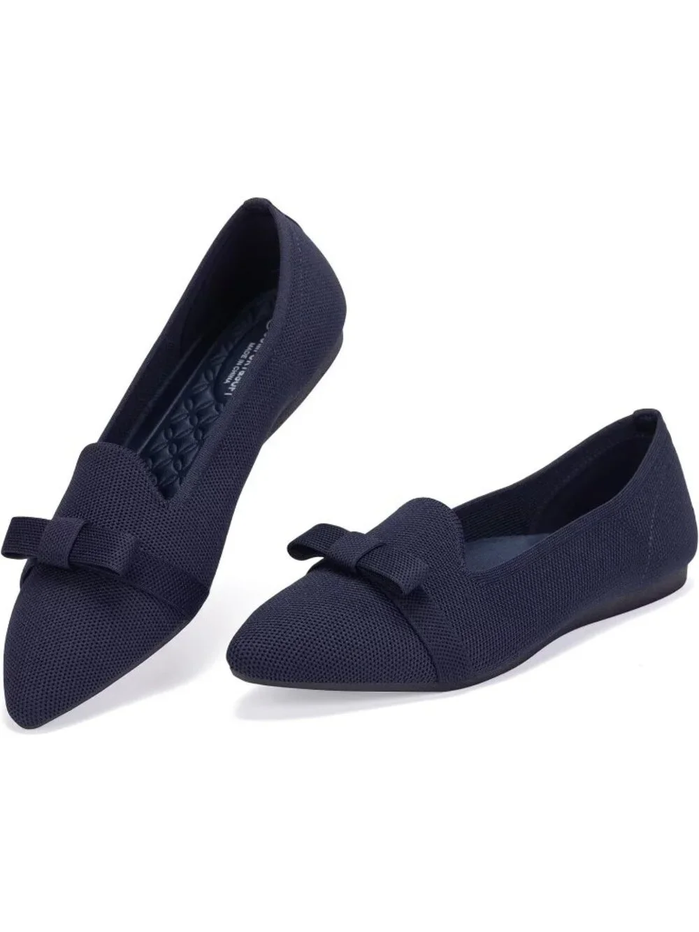 Women's Navy Comfortable Knit Casual Pointed Toe Ballet Flats with Bow Shoes